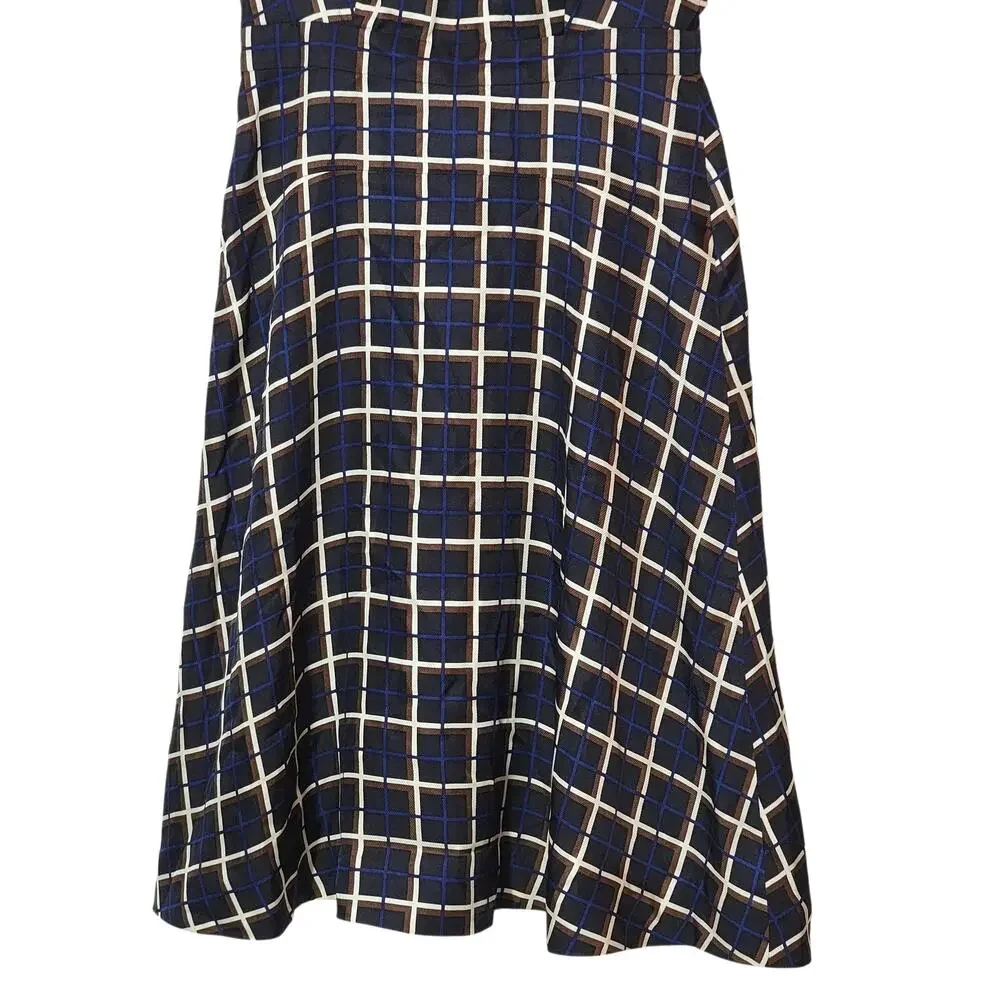 J.Crew Silk Windowpane A-Line Midi Dress Black Tan Navy Jewel Neck Classic 4 NWT